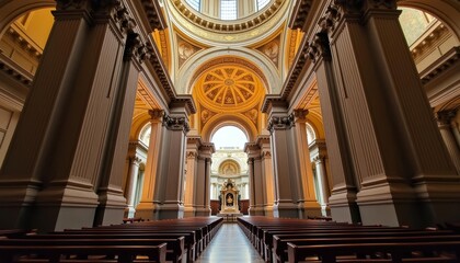 Obraz premium Elegant interior of a grand cathedral with ornate architecture and rows of pews
