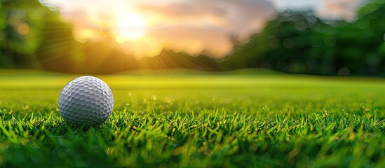 Sunrise backdrop enhances close up of golf ball on grassy course with copy space image