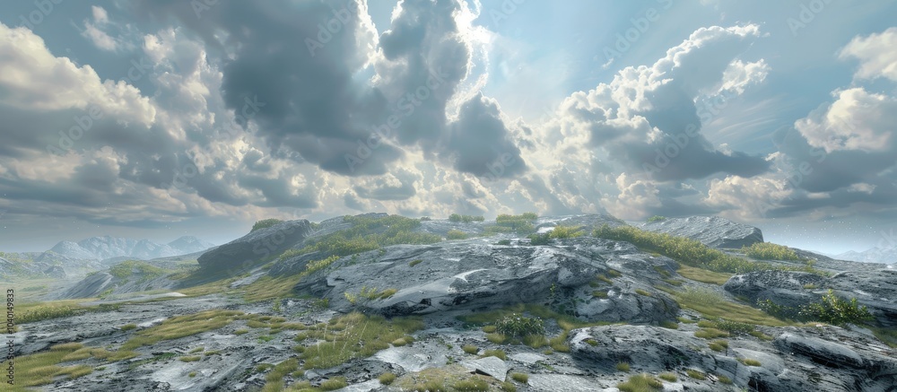 Poster approaching gray clouds hover over a hill with karst terrain highlighting the scenic view of the lan