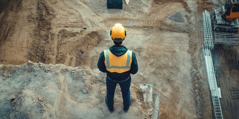 Construction worker observing a construction site from above.