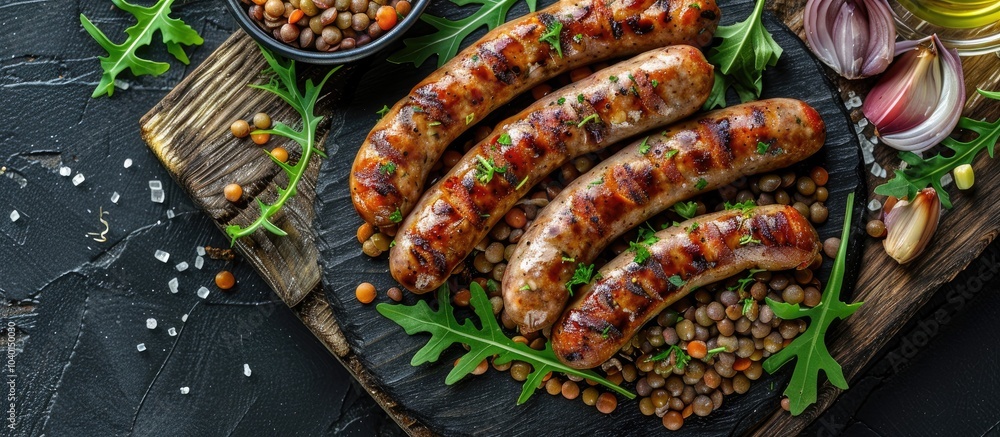 Poster rustic top view of a natural fresh meal with sausages and lentils as the second course on the table 