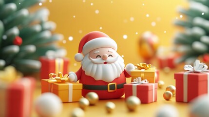 3D Cheerful Santa with Gifts in a Festive Scene