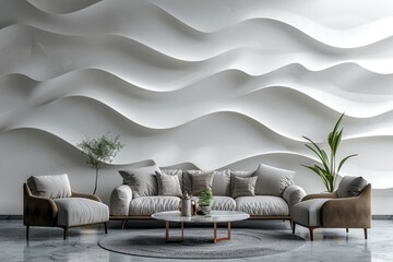 Modern living room with minimalist wavy wall design. Interior photography for home decor inspiration