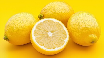 Four lemons, one cut in half, on a yellow background
