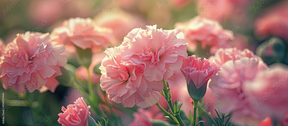 Poster close up of pink carnations in a garden setting showcasing details and color with copy space image