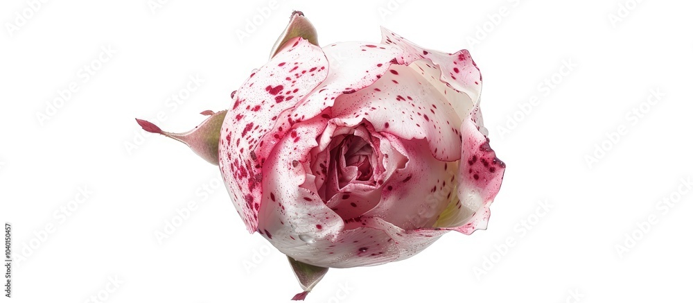 Poster isolated on a white background a pink rosebud adorned with red flecks providing ample copy space ima