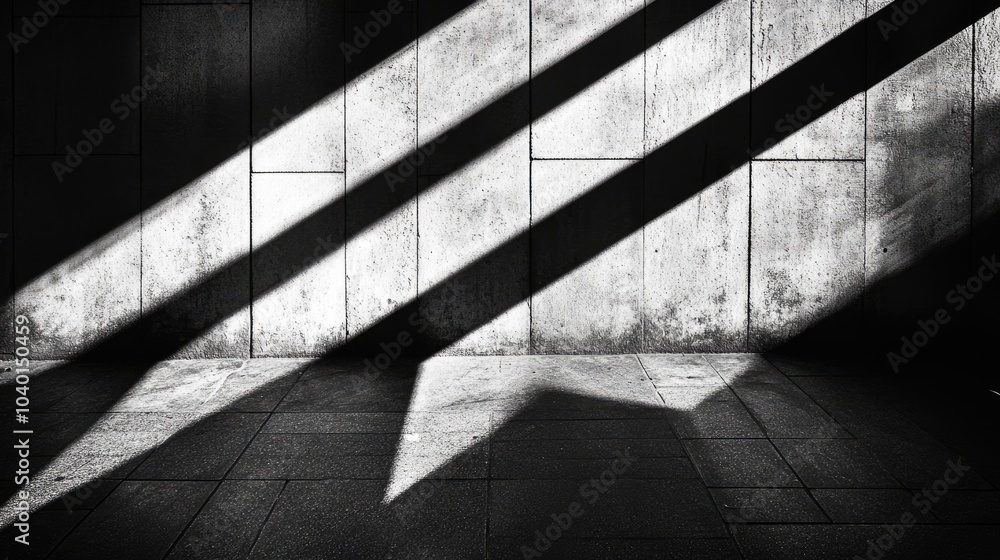 Poster minimalist black-and-white composition of intersecting lines, shadows, and textures creating an abst