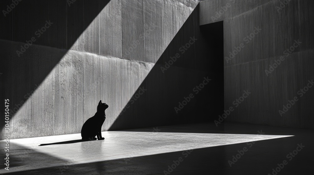 Poster minimalist black-and-white composition of intersecting lines, shadows, and textures creating an abst