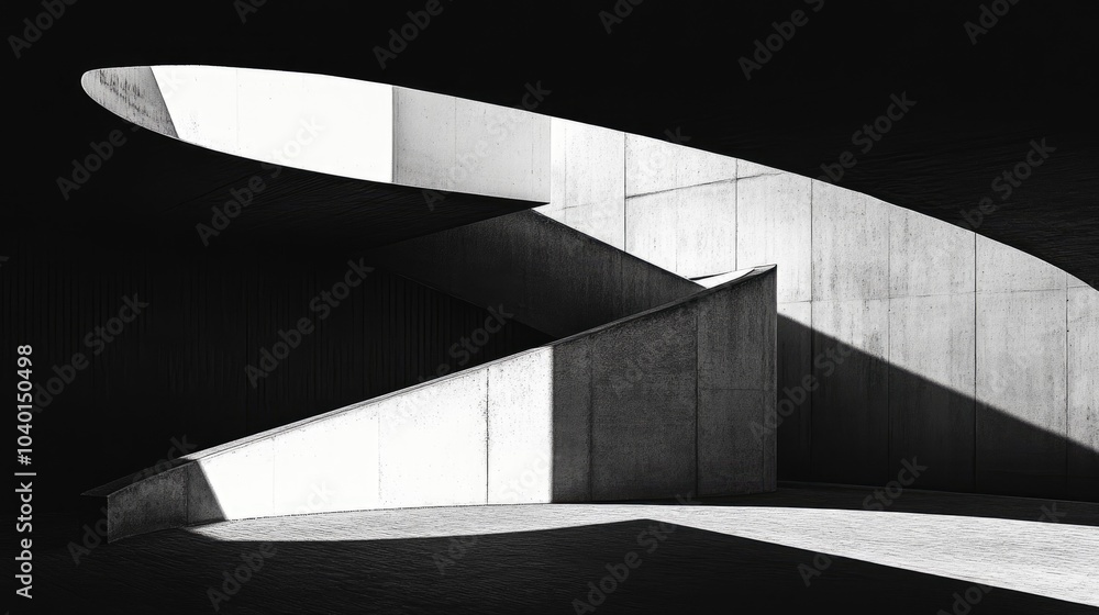 Poster minimalist black-and-white composition of intersecting lines, shadows, and textures creating an abst