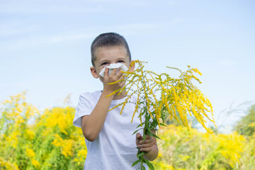 the child sneezes into a napkin, allergic to ragweed. selective focus