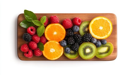 Colorful assortment of fresh fruits on a wooden platter