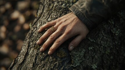 hand with rings lies on a tree