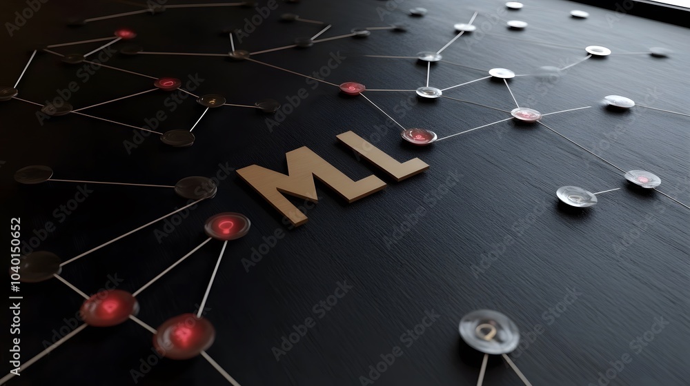 Poster A macro view of a neural network model, with the words 'ML' written in sleek modern font floating near the nodes, no background