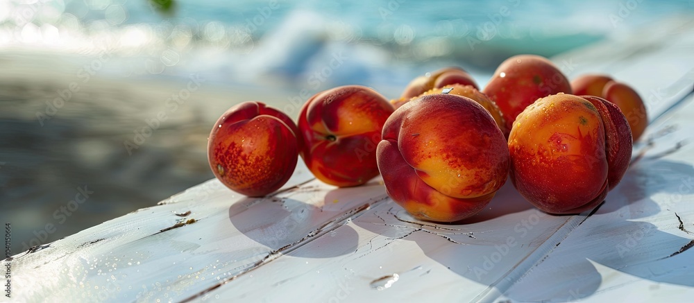 Poster nectarines displayed on a white wooden table with a blurred background of the sea table and fruits p