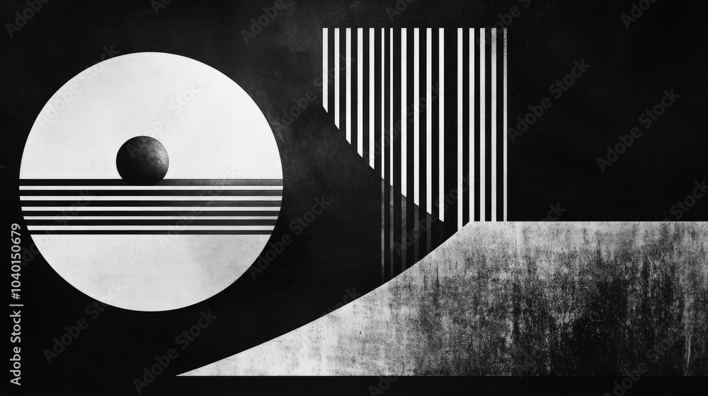 Poster minimalist black-and-white composition with bold geometric lines and deep shadows playing with textu
