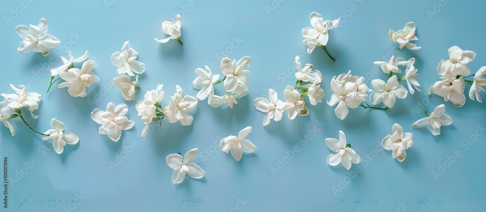 Poster flat lay composition featuring stunning jasmine flowers on a soft blue backdrop with ample copy spac