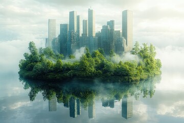 Obraz premium A lush green island with towering skyscrapers amid foggy waters at dawn