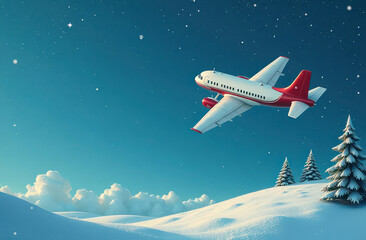 Fototapeta premium Small airplane with christmas gifts on christmas background, top view, space for text