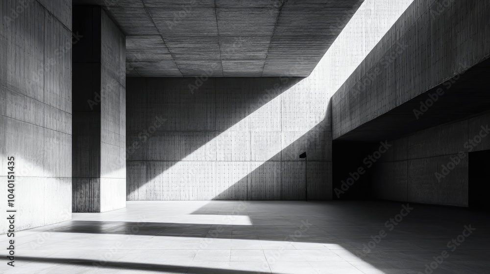 Poster abstract black-and-white minimalist scene with lines, textures, and dramatic shadows creating a dyna
