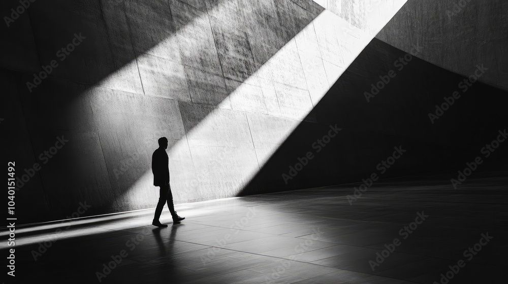 Poster abstract black-and-white minimalist scene with lines, textures, and dramatic shadows creating a dyna