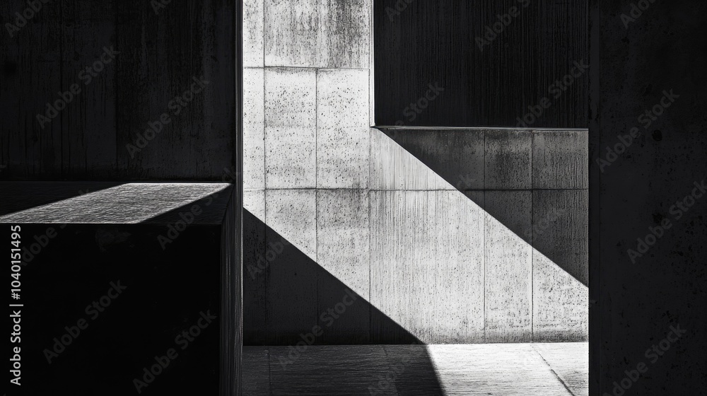 Poster abstract black-and-white minimalist scene with lines, textures, and dramatic shadows creating a dyna