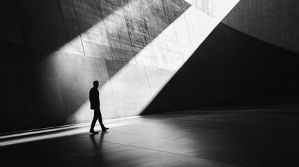 Abstract black-and-white minimalist scene with lines, textures, and dramatic shadows creating a dynamic visual composition