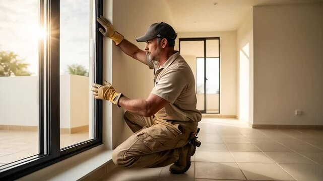 master is engaged in repairing metal-plastic windows in the apartment