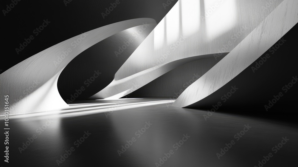 Poster abstract minimalist composition in black and white, playing with light, shadows, and textured lines 