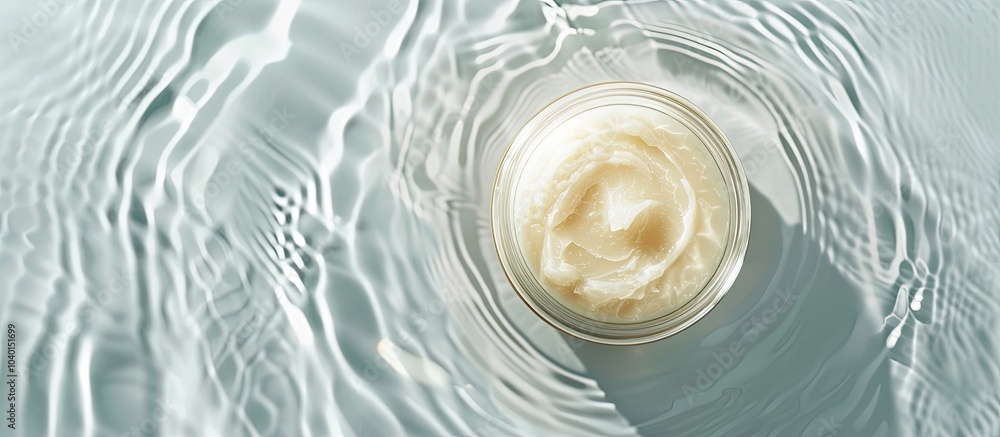 Poster jar of cream placed in water on a light background seen from above ideal for text placement due to t