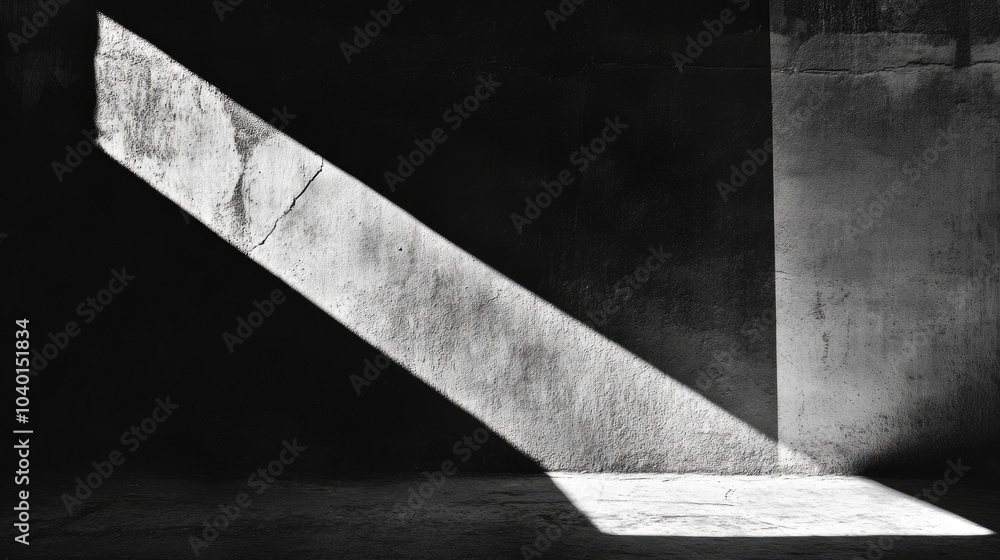 Poster abstract minimalist composition in black and white, playing with light, shadows, and textured lines 