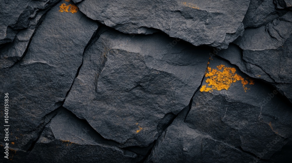 Poster a close-up of textured, dark stone with a hint of orange lichen, showcasing the natural patterns and