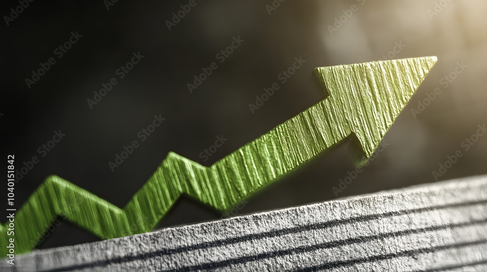 Poster a high-definition view of a report chart with an arrow up symbol highlighted in bright green, cuttin