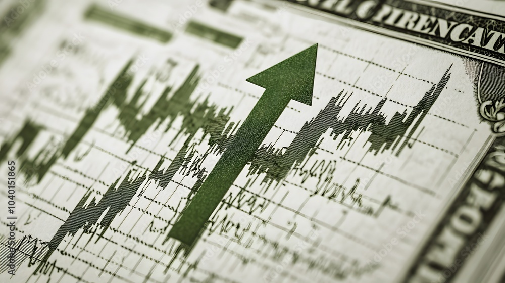 Poster a high-definition view of a report chart with an arrow up symbol highlighted in bright green, cuttin