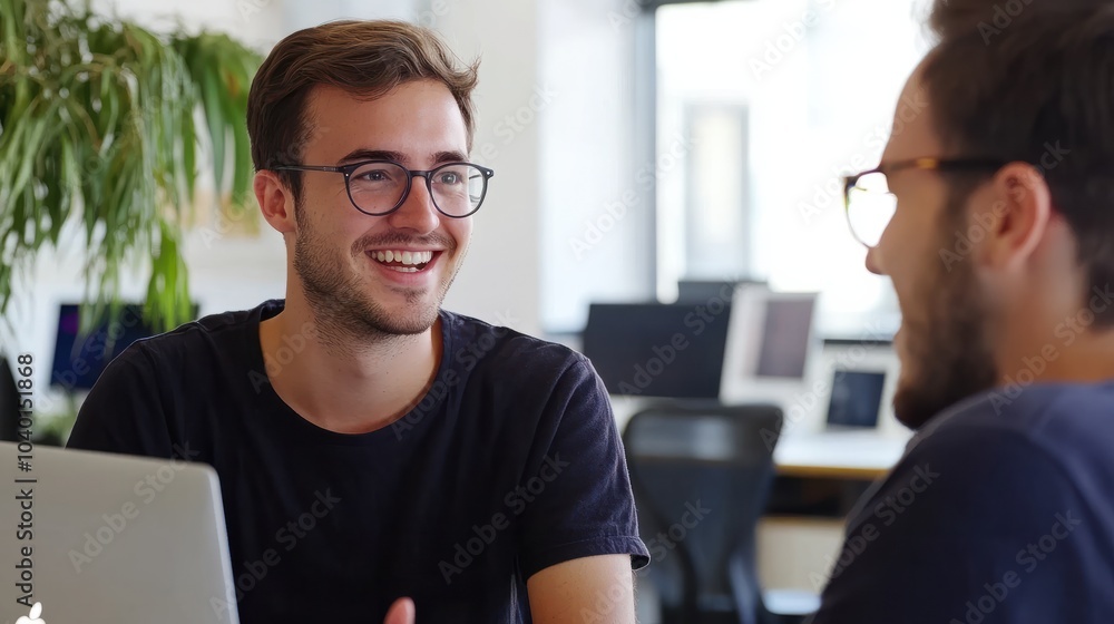 Poster happy male computer programmers talking while working at tech startup office