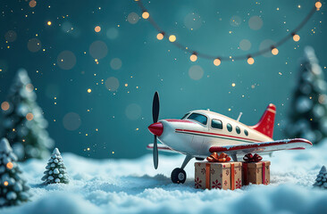 Small airplane with christmas gifts on christmas background, top view, space for text