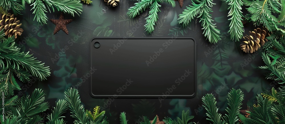 Poster black license plate on a green christmas tree backdrop with space for your text. copy space image. p