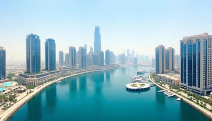 Obraz premium Vibrant cityscape with a serene waterfront