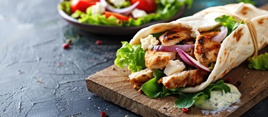 A delicious pita wrap filled with chicken souvlaki lettuce tomatoes red onions feta cheese tzatziki sauce accompanied by Greek salad with an appealing copy space image