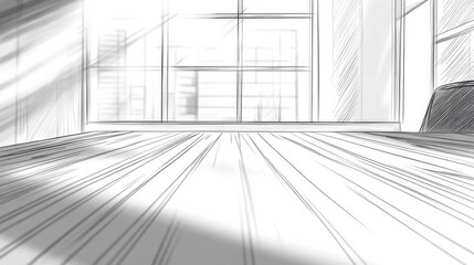 Fototapeta premium Storyboard black and white line art illustration, close up shot surface of clean office desk. modern office ambience, 