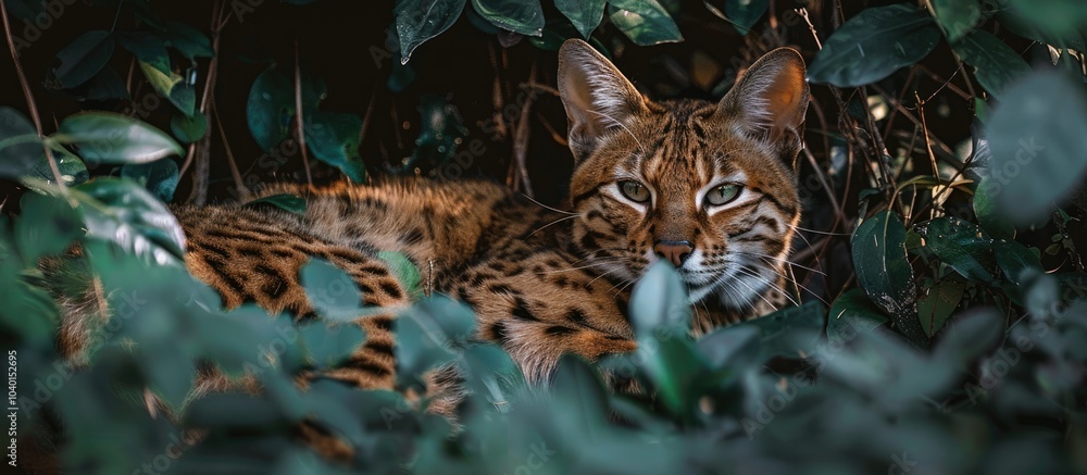 Poster a wild cat lounging in the yard surrounded by bushes captured in a photo with copy space image