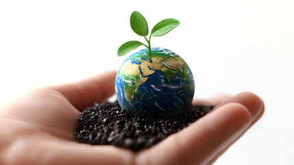 3D Close Up Icon Globe Growing from Seed in Hand - Macro Shot of Globe Emerging from Seed Symbolizing Global Growth, Community, and ESG Endeavors, Isolated Clean White Background