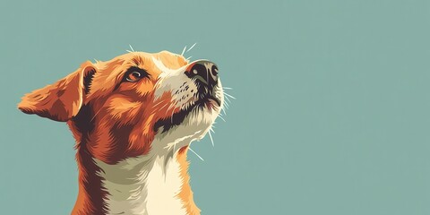 Dog portrait with a thoughtful expression against a colorful background.