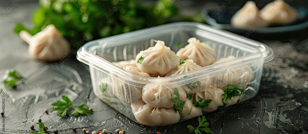 Poster dumplings ready for cooking are in a see through plastic container with a copy space image