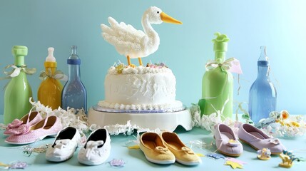 A baby shower cake with a stork figurine, bottles, shoes, and confetti.