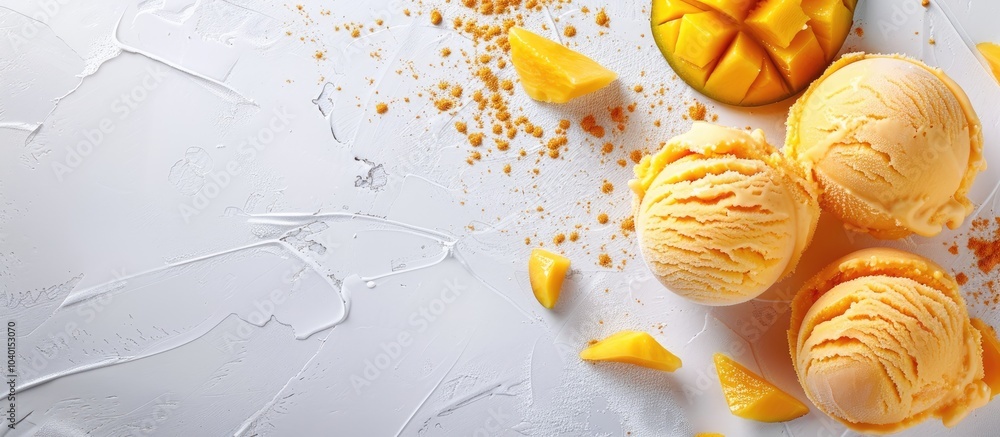 Poster a summer dessert of mango ice cream displayed on a table with copy space seen from a top view in a h