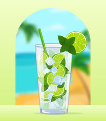 Refreshing mojito cocktail standing on table with tropical beach view