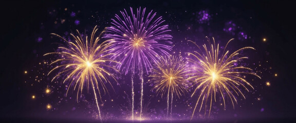 Fototapeta premium Golden and purple fireworks explode in the night sky