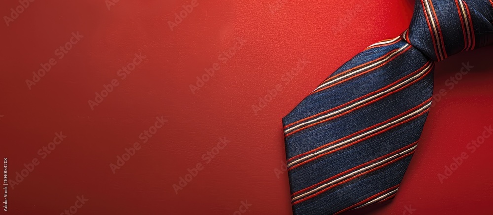 Poster top view of a striped necktie on a red backdrop with available copy space image