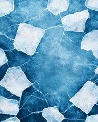 An abstract icy texture featuring fragmented ice pieces scattered on a blue background, evoking a cool, wintery atmosphere.