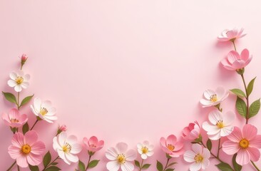 light pink background with spring leaves and flowers